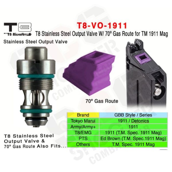 T8 Stainless Steel valve w/ 70° Gas Route for TM Marui 1911 GBB Magazine T8 Stainless Steel valve w/ 70° Gas Route for TM Marui 1911 GBB Magazine