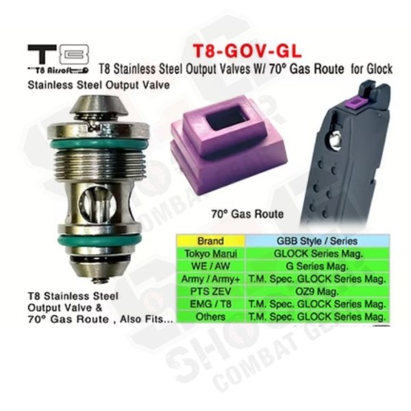 T8 Stainless Steel valve w/ 70° Gas Route for TM Marui G Series GBB Magazine T8 Stainless Steel valve w/ 70° Gas Route for TM Marui G Series GBB Magazine