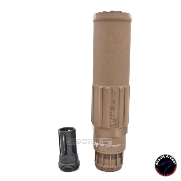 AIRSOFT ARTISAN CG SGI-6 STYLE DUMMY SILENCER WITH BIRDCAGE FLASH HIDER (Tan)